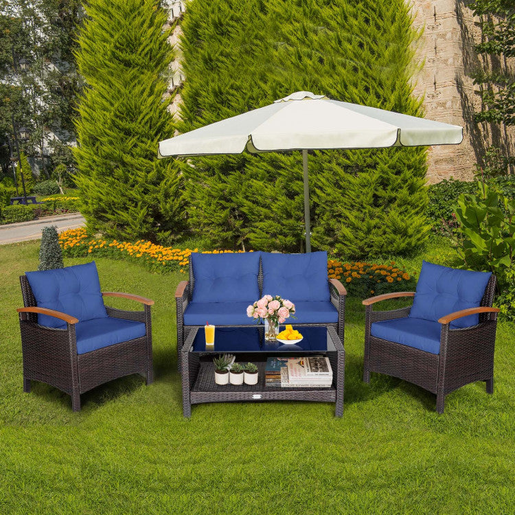 4-Piece Patio Rattan Furniture Set with Cushioned Sofa and Storage Table