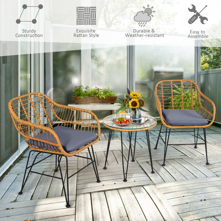 3-Piece Rattan Furniture Set with Cushioned Chair Table