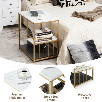 3-Tier Multi-function Marble End Table with Storage Shelf