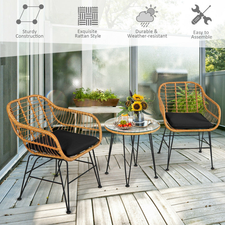 3-Piece Rattan Furniture Set with Cushioned Chair Table