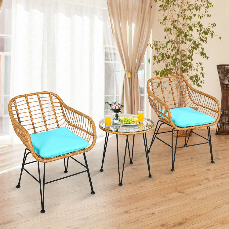 3-Piece Rattan Furniture Set with Cushioned Chair Table