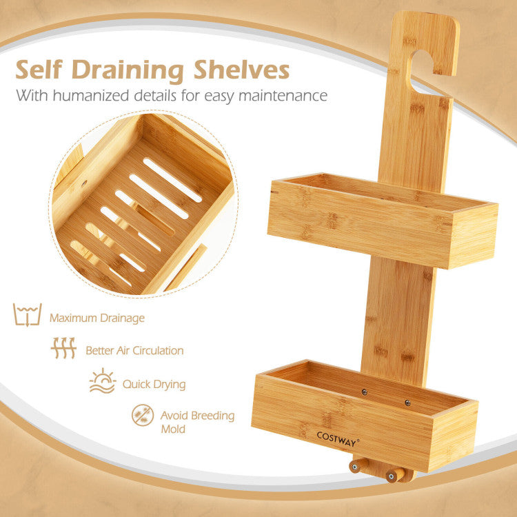 2-Tier Bamboo Hanging Shower Caddy Bathroom Shelf with 2 Hooks