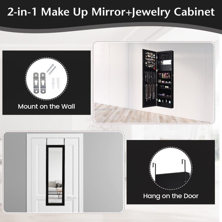 Lockable Wall Door Mounted Mirror Jewelry Cabinet with LED Lights