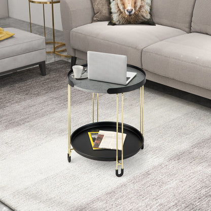 2-Tier Round Side Table with Removable Tray and Metal Frame for Small Space