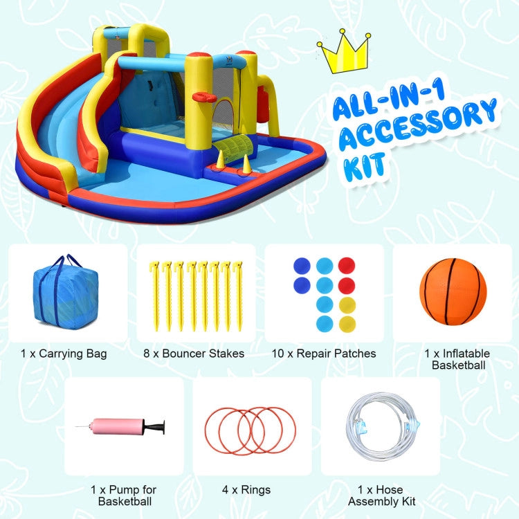 7-in-1 Inflatable Water Slide Bounce Castle with Splash Pool and Climbing Wall without Blower