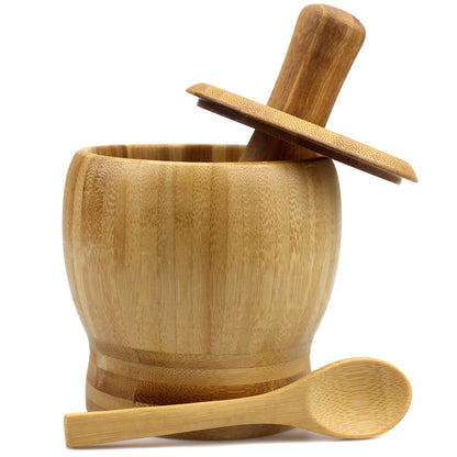 Mortar and Pestle Set with Lid and Spoon, 100% Natural Bamboo Wood, Pepper Garlic Herb Spice Grinder Press Crusher Masher, Easy to Use & Clean
