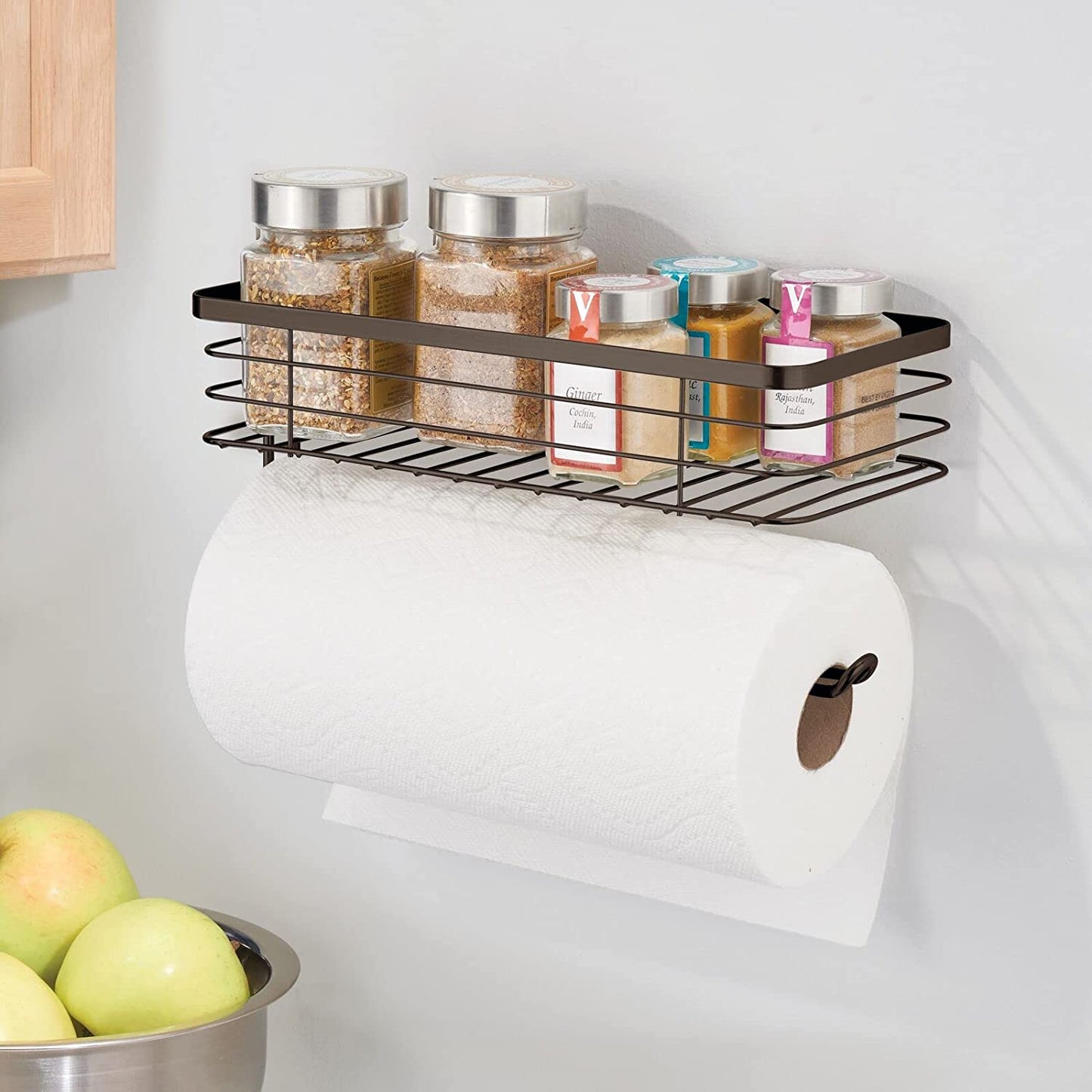 Paper Towel Holder with Spice Rack and Multi-Purpose Shelf - Wall Mount Storage Organizer for Kitchen, Pantry, Laundry, Garage - Durable Metal Wire Design - Bronze
