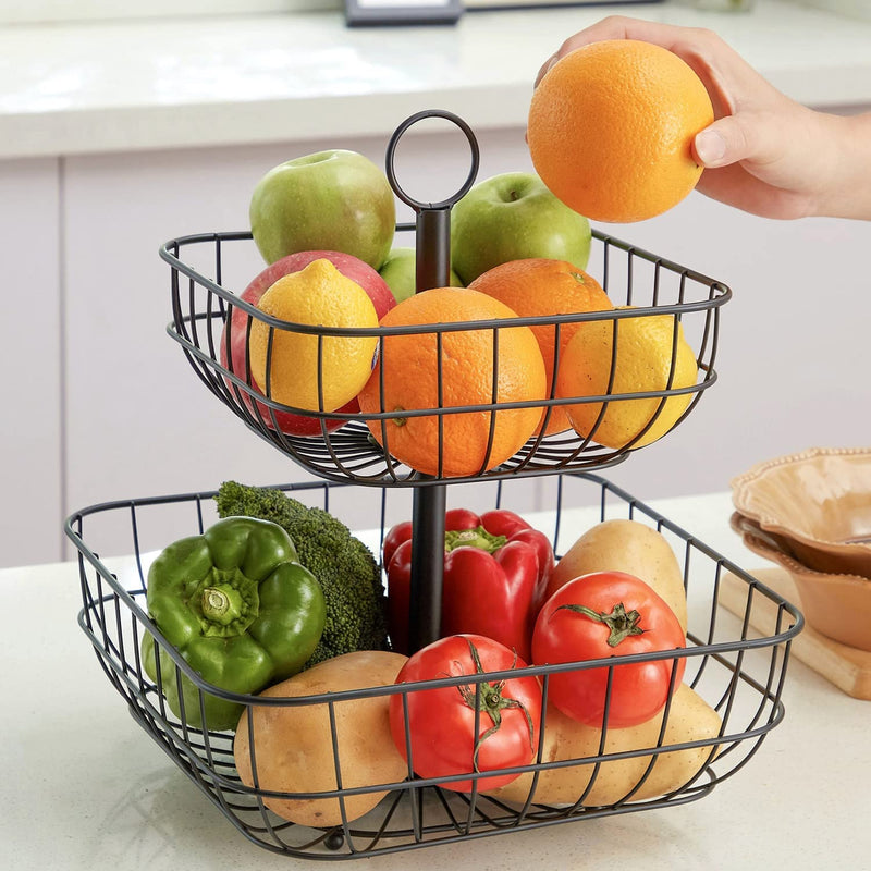Fruit Basket for Kitchen, Detachable 2 Tier Fruit Basket Stand, Black Fruit Bowl for Kitchen Counter