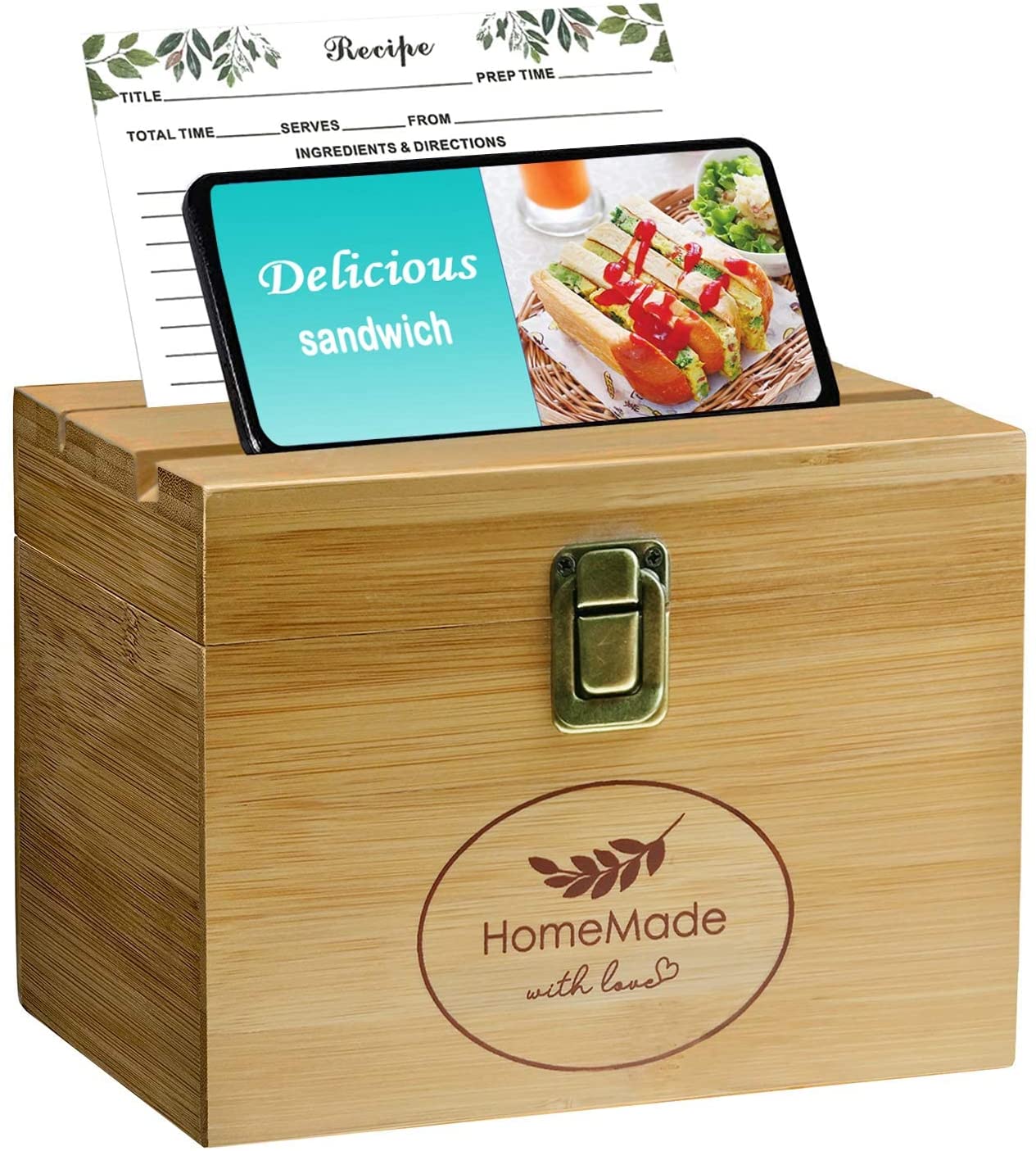 Recipe Box with Cards - 150 4x6 inches Double Sided Recipe Cards and Recipe box - Eco Friendly Bamboo manufacture. For Kitchen, or Ideal gift.
