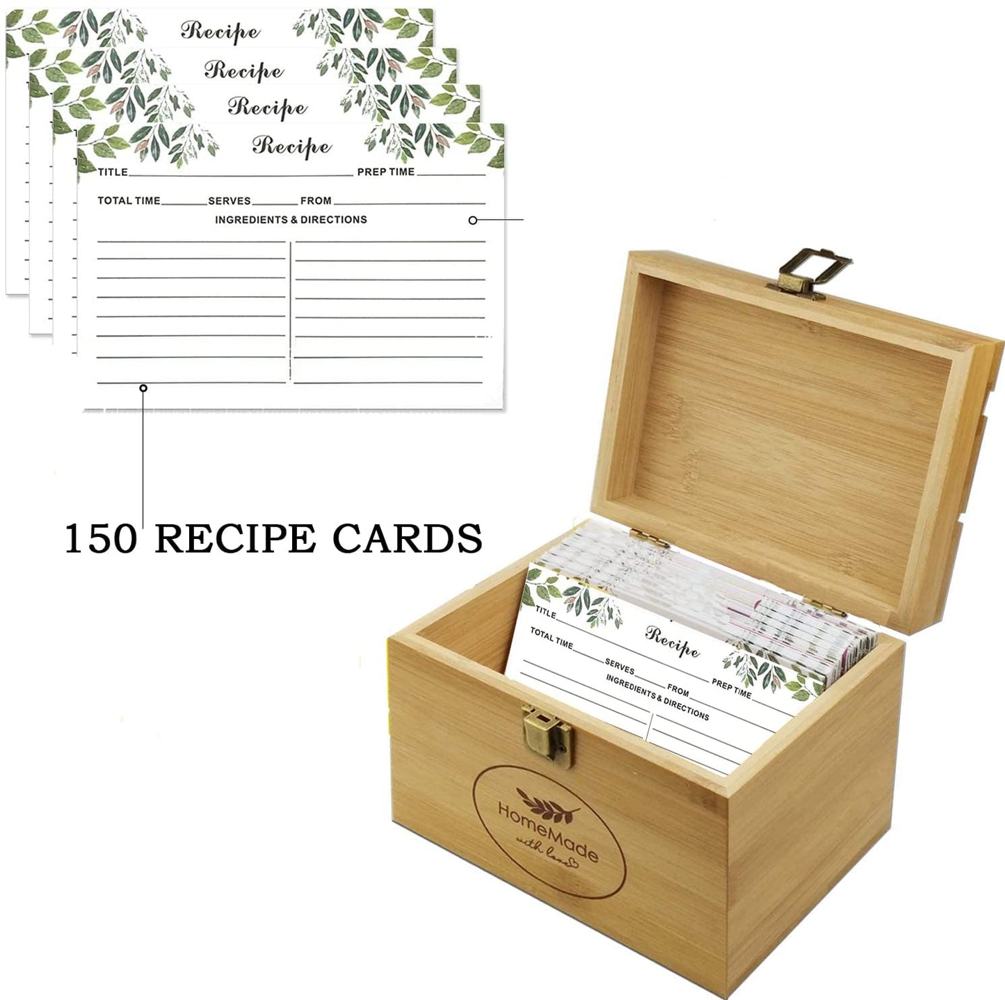 Recipe Box with Cards - 150 4x6 inches Double Sided Recipe Cards and Recipe box - Eco Friendly Bamboo manufacture. For Kitchen, or Ideal gift.