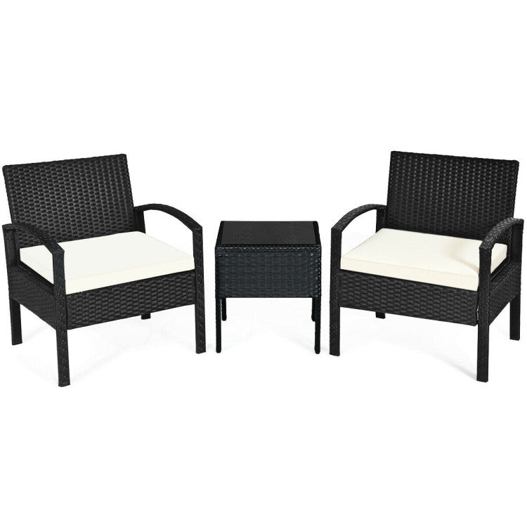 3-Piece Outdoor Rattan Patio Conversation Set with Seat Cushions