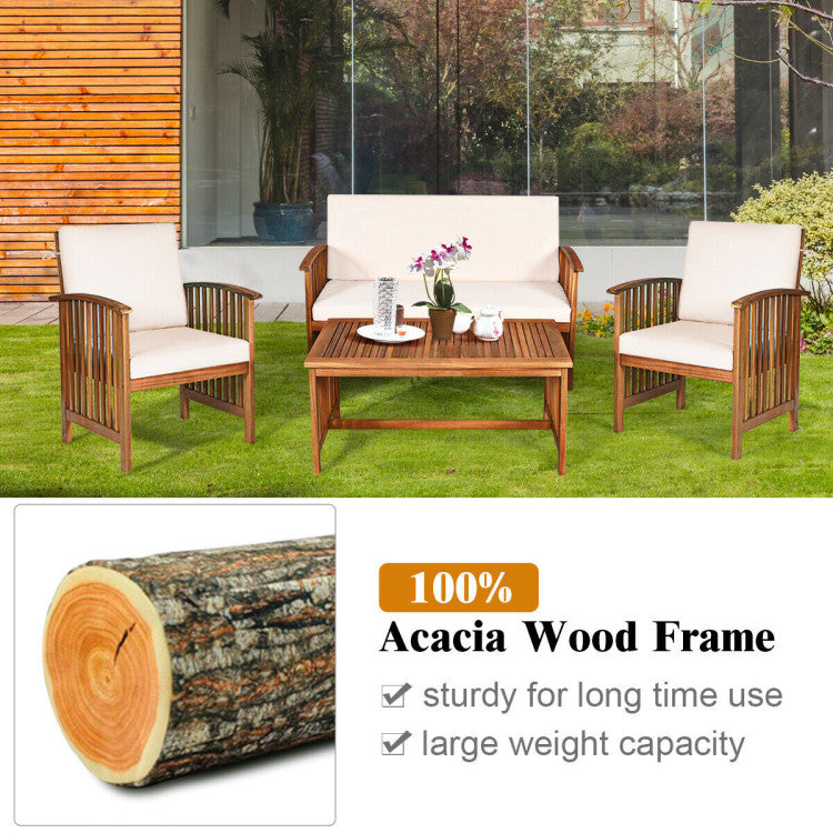 4-Piece Patio Solid Wood Furniture Set with Water Resistant Cushions