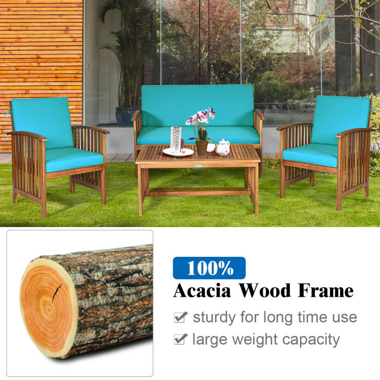 4-Piece Patio Solid Wood Furniture Set with Water Resistant Cushions