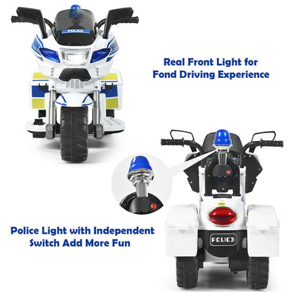 Costway 6V 3-Wheel Kids Police Ride On Motorcycle with Backrest