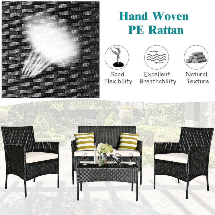 4-Piece Patio Rattan Cushioned Sofa Set with Tempered Glass Coffee Table