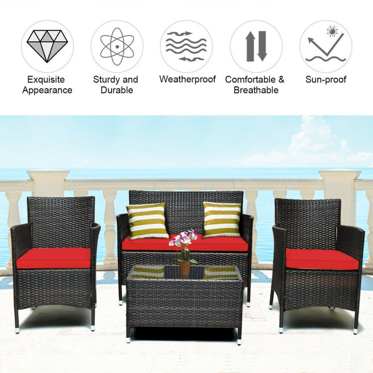 4 Pieces Comfortable Outdoor Rattan Sofa Set with Glass Coffee Table