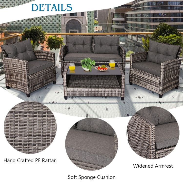 4-Piece Patio Rattan Furniture Set Coffee Table Cushioned Sofa