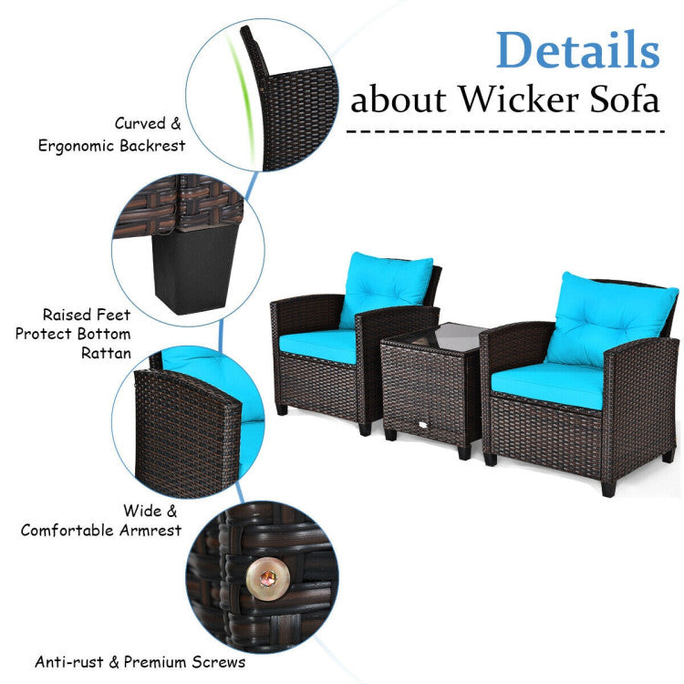 3-Piece Rattan Patio Furniture Set with Washable Cushion