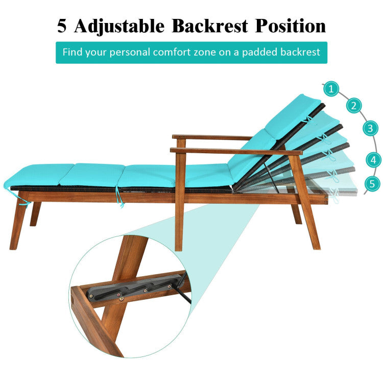 3-Piece Portable Patio Cushioned Rattan Lounge Chair Set with Folding Table