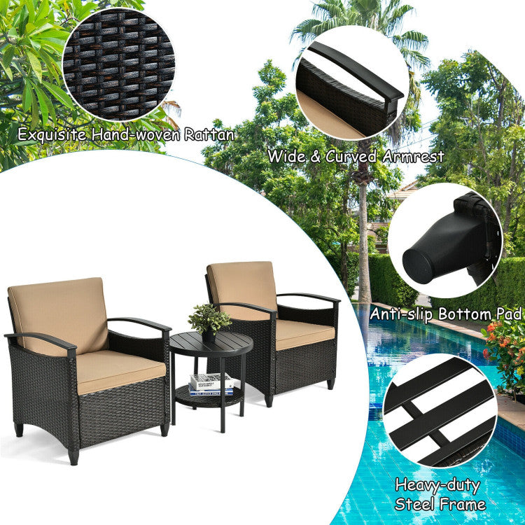 3-Piece Patio Rattan Furniture Set Cushioned