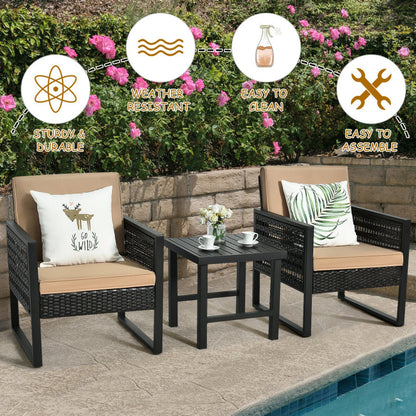 3-Piece Patio Rattan Bistro Cushioned Furniture Set