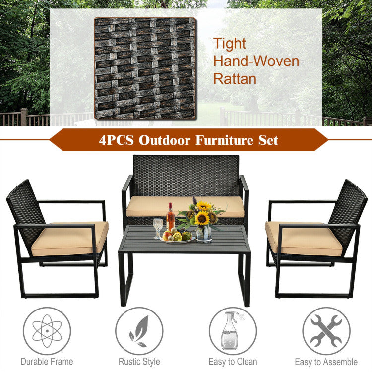 4-Piece Patio Rattan Furniture Set with Seat Cushions and Coffee Table