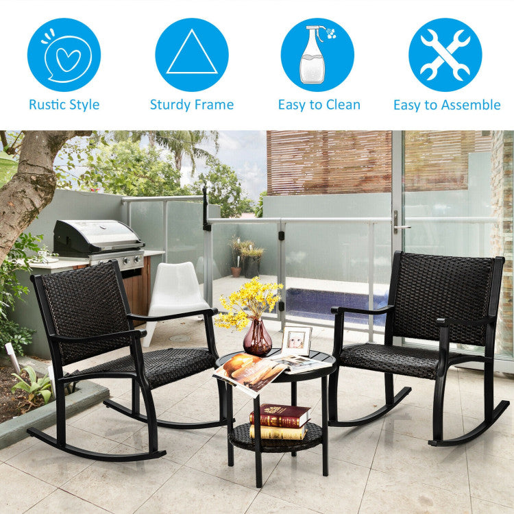 3-Piece Patio Rattan Furniture Set with Coffee Table and Rocking Chairs