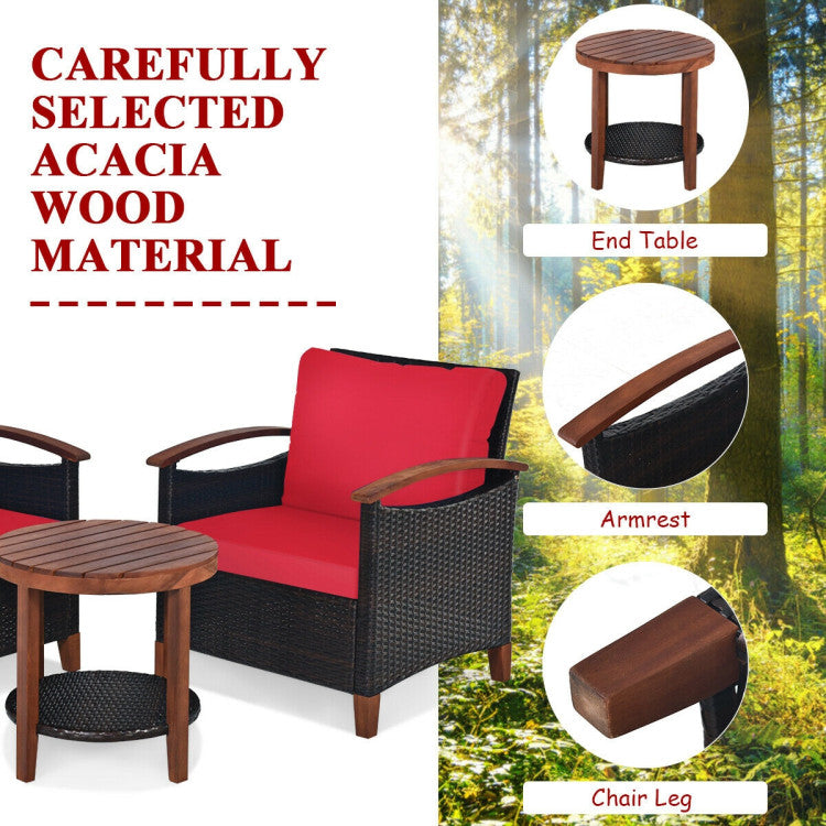 3-Piece Patio Rattan Furniture Set with Washable Cushion and Acacia Wood Tabletop