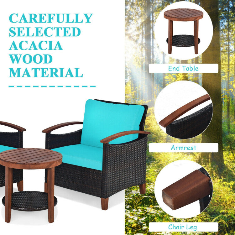 3-Piece Patio Rattan Furniture Set with Washable Cushion and Acacia Wood Tabletop