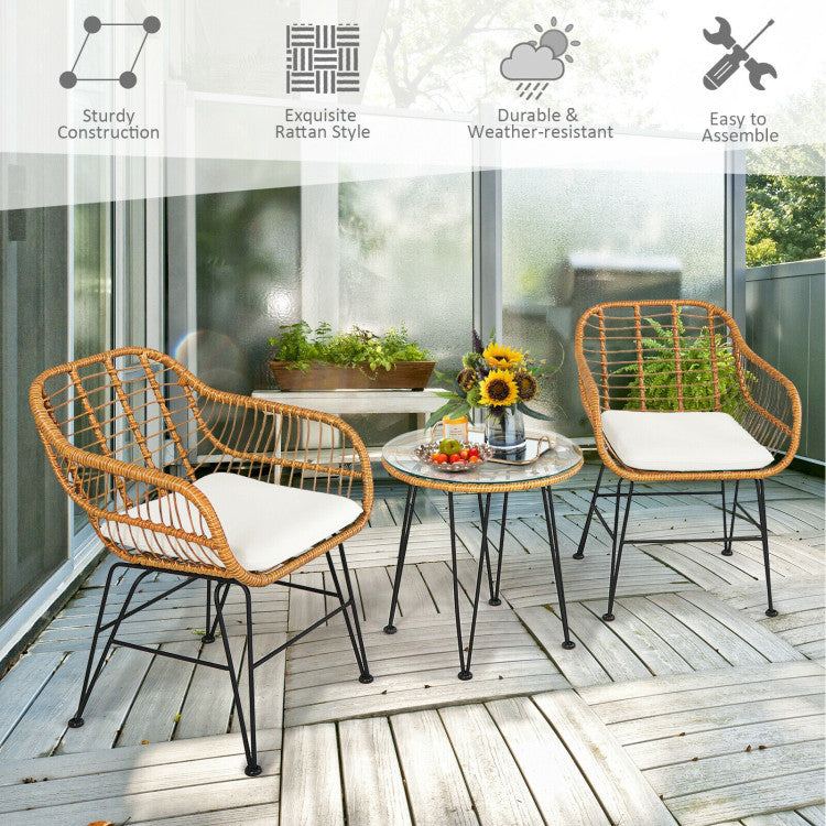 3-Piece Rattan Furniture Set with Cushioned Chair Table