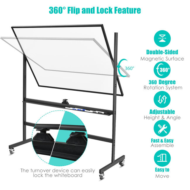 48 x 36 Inch Mobile Magnetic Double-Sided Reversible Whiteboard Height Adjust