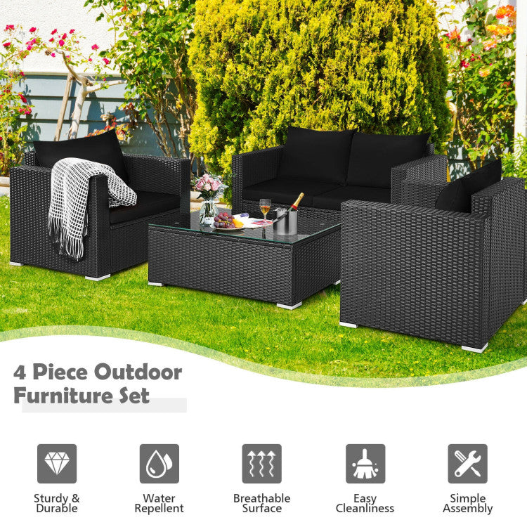 4-Piece Patio Rattan Conversation Set with Padded Cushion and Tempered Glass Coffee Table