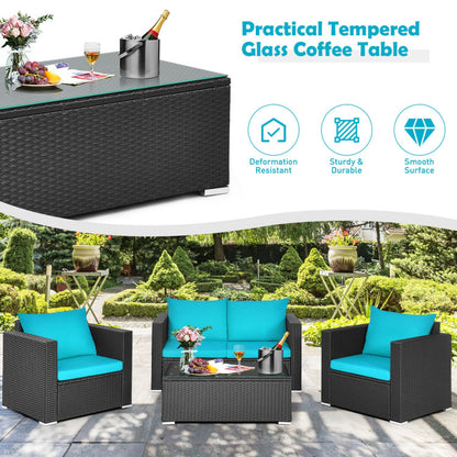 4-Piece Patio Rattan Conversation Set with Padded Cushion and Tempered Glass Coffee Table