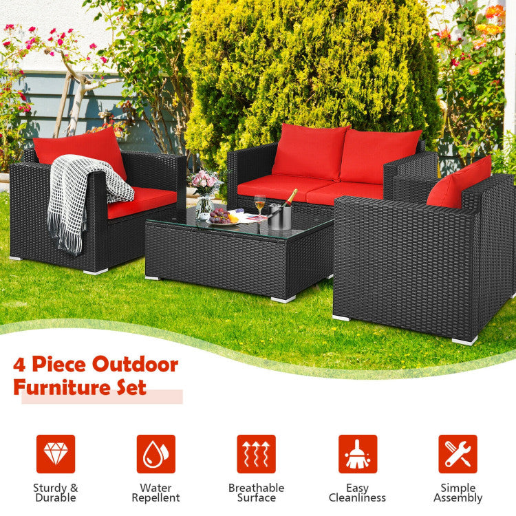 4-Piece Patio Rattan Conversation Set with Padded Cushion and Tempered Glass Coffee Table