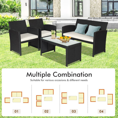 4-Piece Wicker Conversation Furniture Set Patio Sofa and Table Set