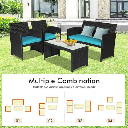 4-Piece Wicker Conversation Furniture Set Patio Sofa and Table Set