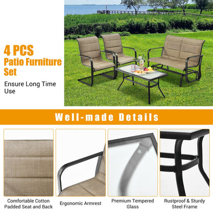 4-Piece Outdoor Patio Furniture Set with Padded Glider Loveseat and Coffee Table