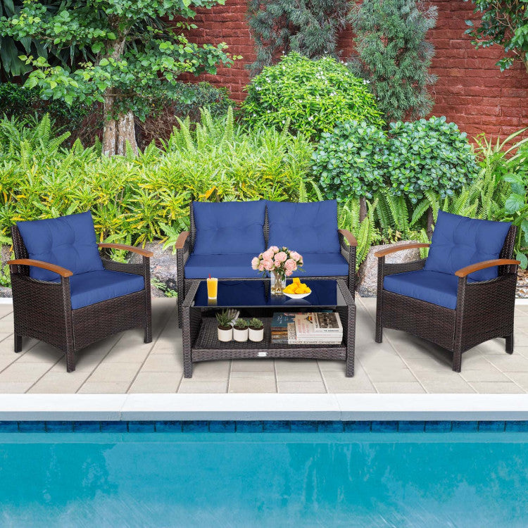 4-Piece Patio Rattan Furniture Set with Cushioned Sofa and Storage Table