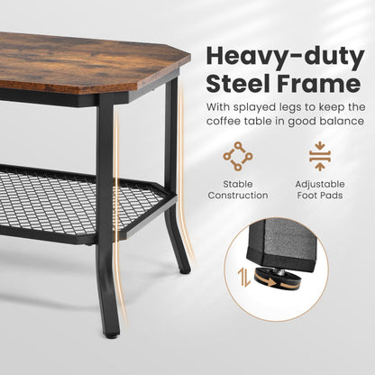 2-Tier Industrial Coffee Table with Open Mesh Storage Shelf for Living Room