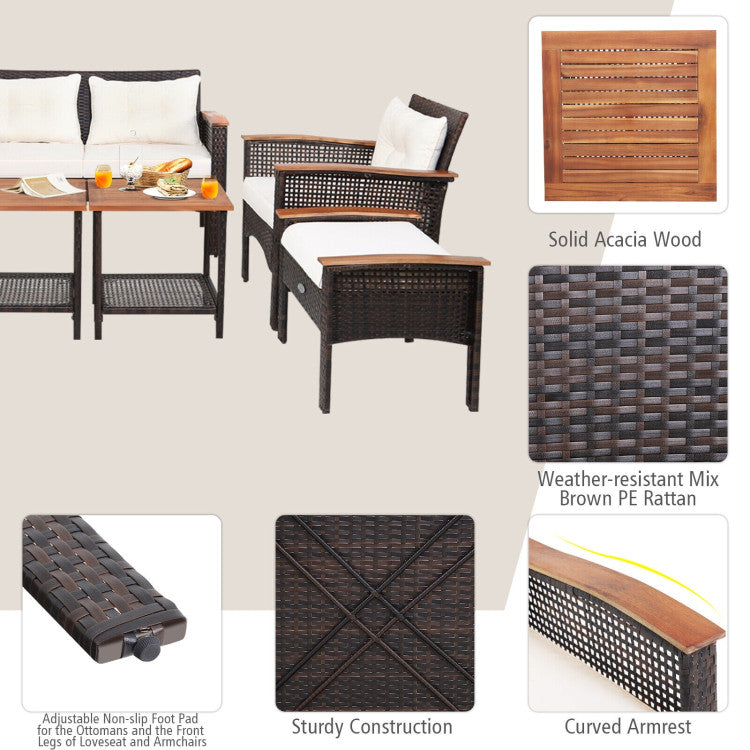 7 Pieces Patio Rattan Cushioned Conversation Furniture Set