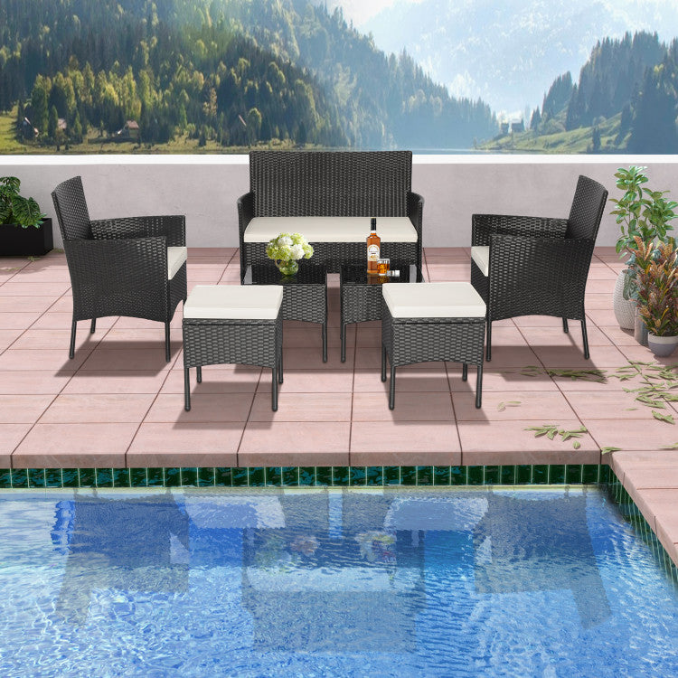 7 Piece Rustproof Wicker Outdoor Sofa Set with Coffee Tables and Ottomans