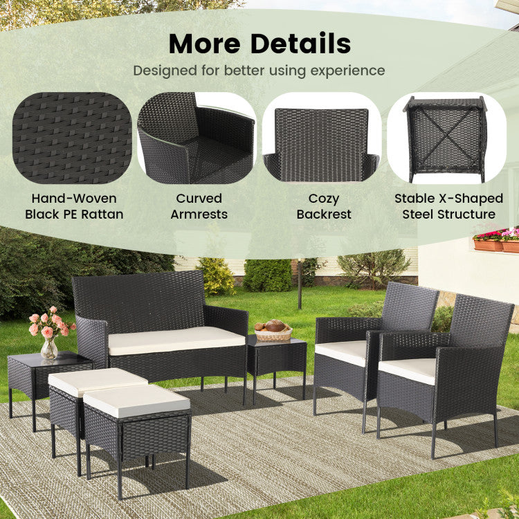 7 Piece Rustproof Wicker Outdoor Sofa Set with Coffee Tables and Ottomans