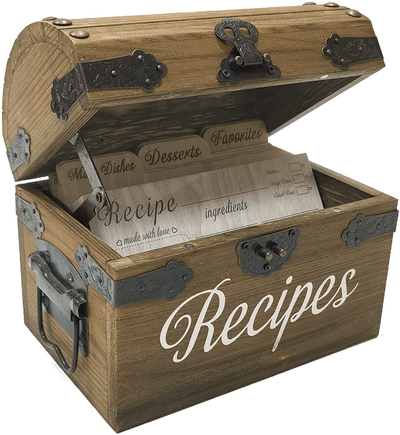 Farmhouse Wooden Recipe Box with Cards and Dividers for Family Use