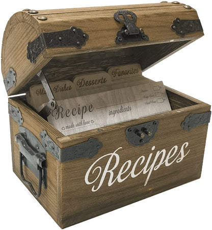 Farmhouse Wooden Recipe Box with Cards and Dividers for Family Use