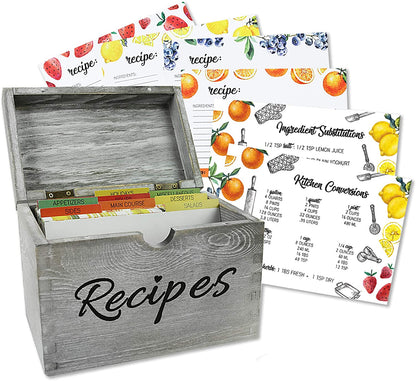 Recipe Card Holder Box with 100 4x6 inch Recipe Cards, 9 Dividers, 1 Conversion & 1 Substitution Card, Vintage Style Solid Pinewood Recipe Organizer (7x5.3x4, Gray)
