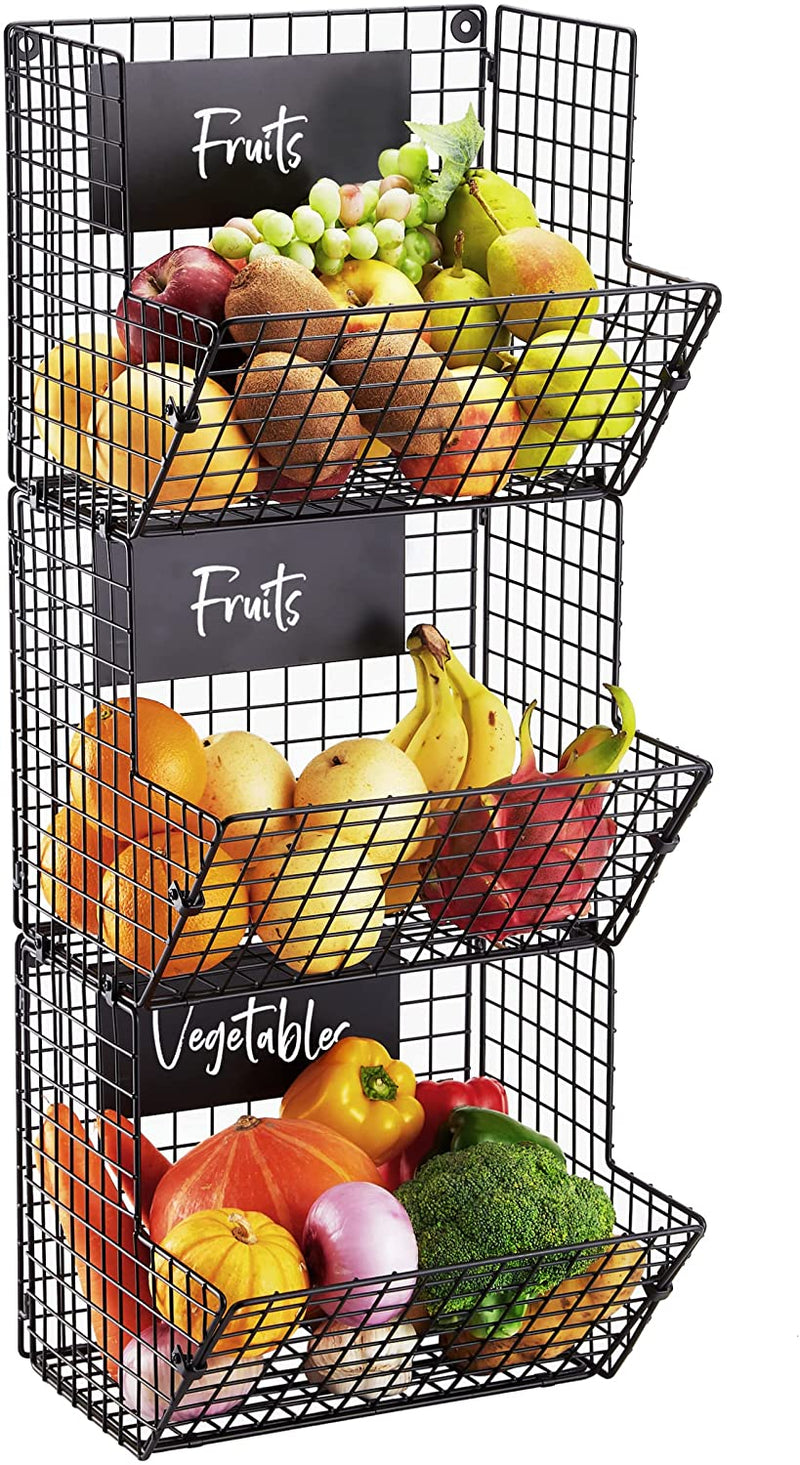 Wall Mounted Wire Basket Hanging Fruit Basket, 3 Tier Kitchen Storage Bins Fruit Vegetable and Pantry Organizer Stand, Produce Rack, Black
