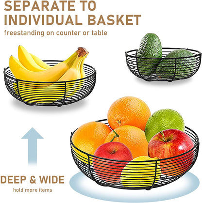 3-Tier Hanging Basket Fruit Organizer Kitchen Heavy Duty Wire Organizer with 2 Metal Ceiling Hooks, Black