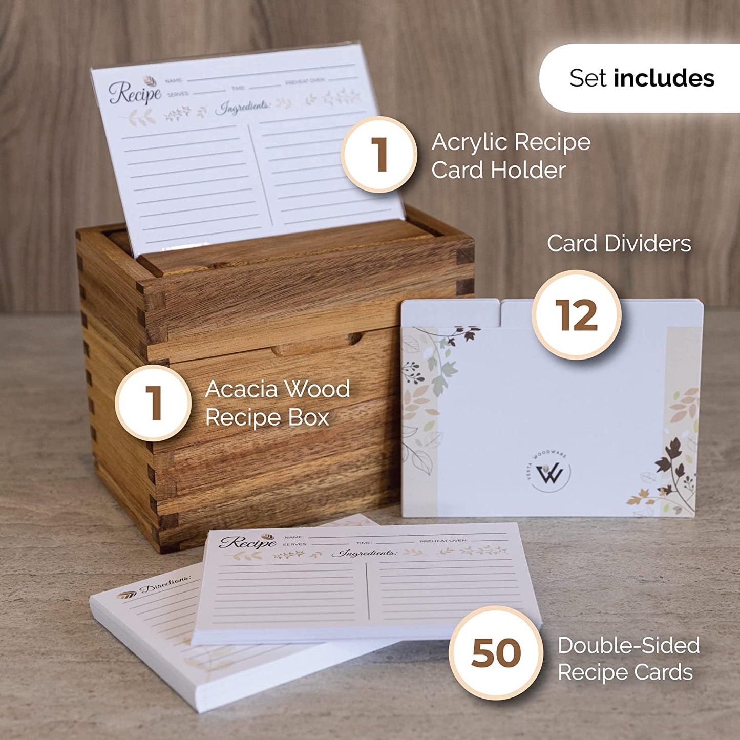 Recipe Box with Cards and Dividers 4x6 - Wooden Recipe card box set includes an acrylic recipe card holder, 50 premium blank recipe cards and 12 dividers - Smooth mineral oil and beeswax finish