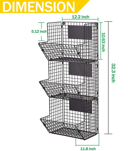 Wall Mounted Wire Basket Hanging Fruit Basket, 3 Tier Kitchen Storage Bins Fruit Vegetable and Pantry Organizer Stand, Produce Rack, Black