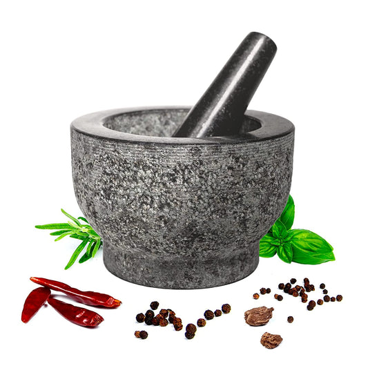 Mortar and Pestle Set - 6 Inch Granite, Large Molcajete Bowl with Stone Grinder - Spice, Herb and Avocado Masher for Guacamole, Salsa and Pesto - Holds 2 Cups